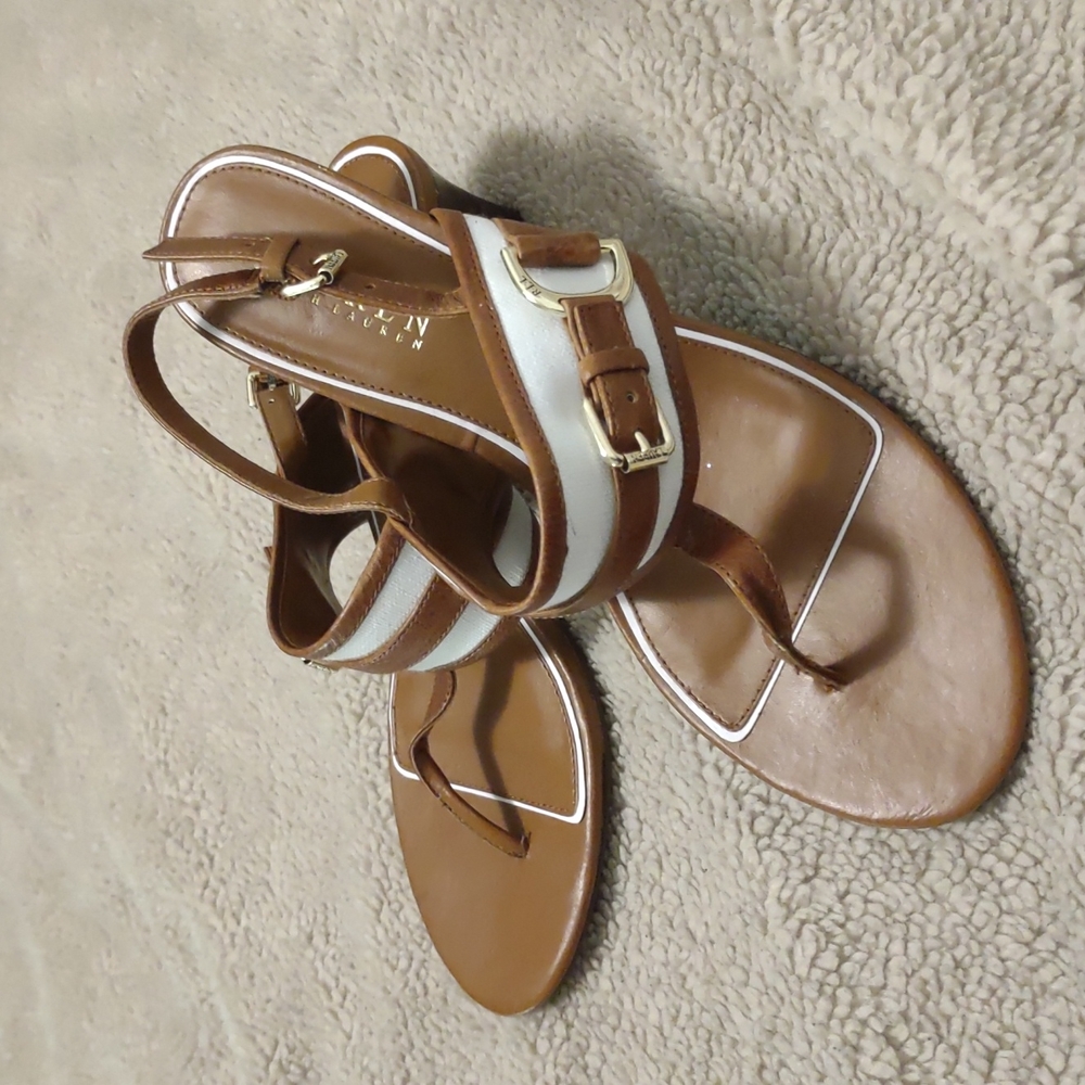 Ralph Lauren leather 7.5 B with 2 inch kitten heel brown & white sandals